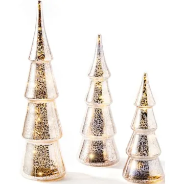 LampLust Mercury Glass Christmas Tree Decoration - Set of 3 Assorted Trees with Fairy Lights, 10 Inc...