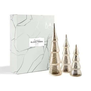 LampLust Mercury Glass Christmas Tree Decoration - Set of 3 Assorted Trees with Fairy Lights, 10 Inch Tall, Silver Finish, Batteries Included, Holiday Table Centerpiece or Mantle Decor
