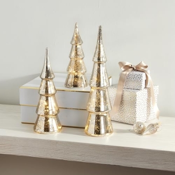 LampLust Mercury Glass Christmas Tree Decoration - Set of 3 Assorted Trees with Fairy Lights, 10 Inch Tall, Silver Finish, Batteries Included, Holiday Table Centerpiece or Mantle Decor