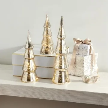 LampLust Mercury Glass Christmas Tree Decoration - Set of 3 Assorted Trees with Fairy Lights, 10 Inch Tall, Silver Finish, Batteries Included, Holiday Table Centerpiece or Mantle Decor