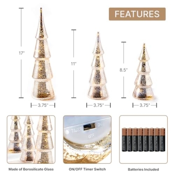 LampLust Mercury Glass Christmas Tree Decoration - Set of 3 Assorted Trees with Fairy Lights, 10 Inch Tall, Silver Finish, Batteries Included, Holiday Table Centerpiece or Mantle Decor