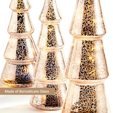LampLust Mercury Glass Christmas Tree Decoration - Set of 3 Assorted Trees with Fairy Lights, 10 Inch Tall, Silver Finish, Batteries Included, Holiday Table Centerpiece or Mantle Decor