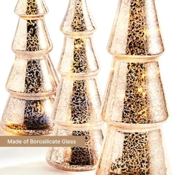 LampLust Mercury Glass Christmas Tree Decoration - Set of 3 Assorted Trees with Fairy Lights, 10 Inch Tall, Silver Finish, Batteries Included, Holiday Table Centerpiece or Mantle Decor