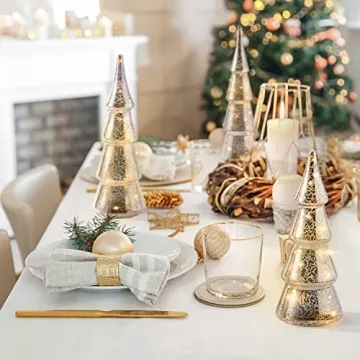 LampLust Mercury Glass Christmas Tree Decoration - Set of 3 Assorted Trees with Fairy Lights, 10 Inch Tall, Silver Finish, Batteries Included, Holiday Table Centerpiece or Mantle Decor