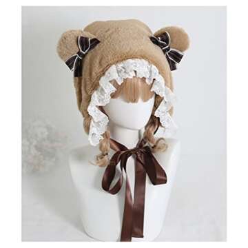 XINGWANG QUEEN Lolita Hat Sweet Plush Bear Ears Lei Feng's Cap Lace Earmuffs Fluffy Warm Winter Cute Headpiece (Brown)
