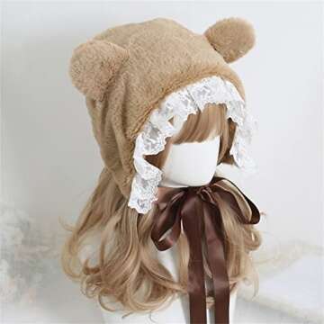 XINGWANG QUEEN Lolita Hat Sweet Plush Bear Ears Lei Feng's Cap Lace Earmuffs Fluffy Warm Winter Cute Headpiece (Brown)