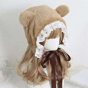 XINGWANG QUEEN Lolita Hat Sweet Plush Bear Ears Lei Feng's Cap Lace Earmuffs Fluffy Warm Winter Cute Headpiece (Brown)