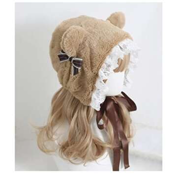 XINGWANG QUEEN Lolita Hat Sweet Plush Bear Ears Lei Feng's Cap Lace Earmuffs Fluffy Warm Winter Cute Headpiece (Brown)