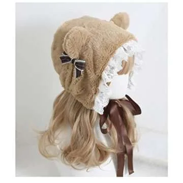 XINGWANG QUEEN Lolita Hat Sweet Plush Bear Ears Lei Feng's Cap Lace Earmuffs Fluffy Warm Winter Cute Headpiece (Brown)