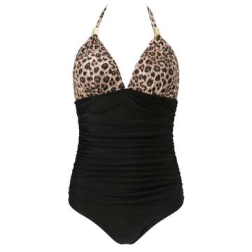 RXRXCOCO V Neck One Piece Swimsuits for Women Tummy Control Ruched Swimwear Halter Bathing Suit for Women Leopard Large