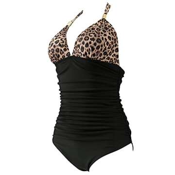 RXRXCOCO V Neck One Piece Swimsuits for Women Tummy Control Ruched Swimwear Halter Bathing Suit for Women Leopard Large