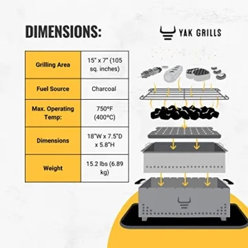 Portable Tabletop Charcoal Grill, YAK Grills Hibachi, 100% Stainless Steel, Grill at 750ºF, Patio, Balcony. 15”x7” Grilling Area. Includes Grate Handle & Carrying Case.