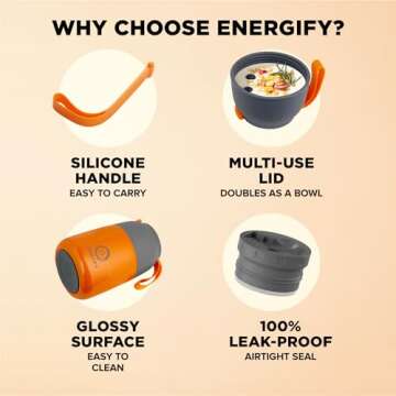 ENERGIFY Vacuum Insulated Food Jar Wide Mouth 17 Oz Soup Thermo with Folding Spoon - Thermal Lunch Containers for Kids & Adults - Leak Proof Stainless Steel Thermos for Hot Food Keep 12H and Cold 24H