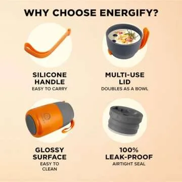 ENERGIFY Vacuum Insulated Food Jar Wide Mouth 17 Oz Soup Thermo with Folding Spoon - Thermal Lunch Containers for Kids & Adults - Leak Proof Stainless Steel Thermos for Hot Food Keep 12H and Cold 24H