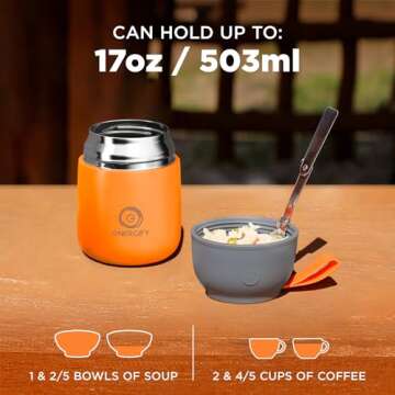 ENERGIFY Vacuum Insulated Food Jar Wide Mouth 17 Oz Soup Thermo with Folding Spoon - Thermal Lunch Containers for Kids & Adults - Leak Proof Stainless Steel Thermos for Hot Food Keep 12H and Cold 24H