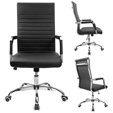 Furmax Ribbed Office Desk Chair Mid-Back PU Leather Executive Conference Task Chair Adjustable Swivel Chair with Arms (Black)