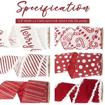 HUIHUANG Christmas Ribbon Set 6 Rolls Wired Decorative Ribbons