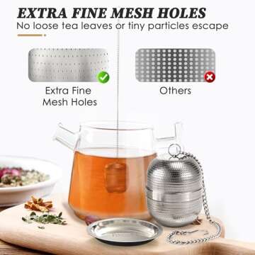 Yoassi 2 Pack Tea Infusers for Loose Tea, Extra Fine Mesh 18/8 Stainless Steel Tea Strainers, Loose Leaf Tea Steeper Tea Ball Tea Diffuser Tea Holder with Extended Chain Hook and Drip Tray