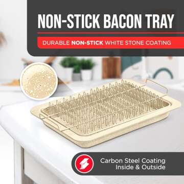Bacon Tray - 2-Piece Set – Marble Coating - Durable, Non-Stick Cooking Tray for Bacon – White Stone Tray and Carbon Steel Rack