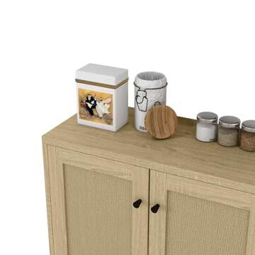 Panana Rattan Decorated 2 Doors Storage Cabinet Accent Cabinet Living Room Cupboard Kitchen Sideboard Buffet Table (Natural)