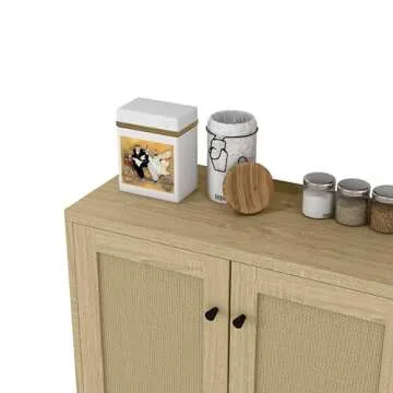 Panana Rattan Decorated 2 Doors Storage Cabinet Accent Cabinet Living Room Cupboard Kitchen Sideboard Buffet Table (Natural)
