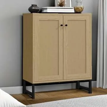 Panana Rattan Decorated 2 Doors Storage Cabinet Accent Cabinet Living Room Cupboard Kitchen Sideboard Buffet Table (Natural)