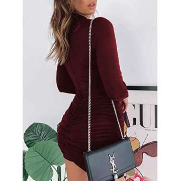 Just Quella Women's Bodycon Dress White Long Sleeve Sexy Mesh Pencil Evening Party Dresses (L, Wine)