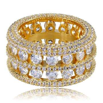 TOPGRILLZ 18K Gold Plated 2 Row Pave Simulated Lab Diamond CZ Bling Eternity Wedding Statement Round Cut Ring Hip Hop Jewelry (Gold, 9)