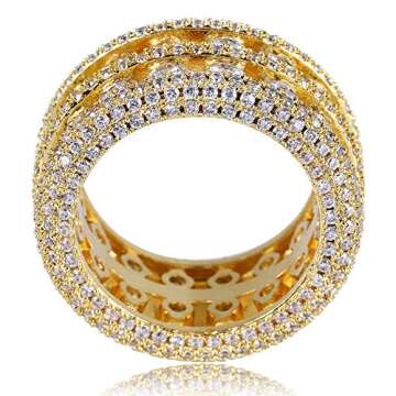 TOPGRILLZ 18K Gold Plated 2 Row Pave Simulated Lab Diamond CZ Bling Eternity Wedding Statement Round Cut Ring Hip Hop Jewelry (Gold, 9)