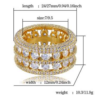 TOPGRILLZ 18K Gold Plated 2 Row Pave Simulated Lab Diamond CZ Bling Eternity Wedding Statement Round Cut Ring Hip Hop Jewelry (Gold, 9)