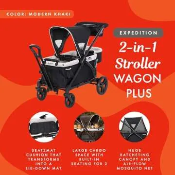 Baby Trend Expedition 2-in-1 Collapsible Stroller Wagon Plus with Canopy, Storage Basket, 2 Storage Trays, and 6 Bottle Holders, Modern Khaki