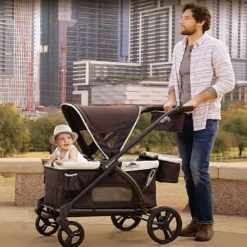 Baby Trend Expedition 2-in-1 Collapsible Stroller Wagon Plus with Canopy, Storage Basket, 2 Storage Trays, and 6 Bottle Holders, Modern Khaki