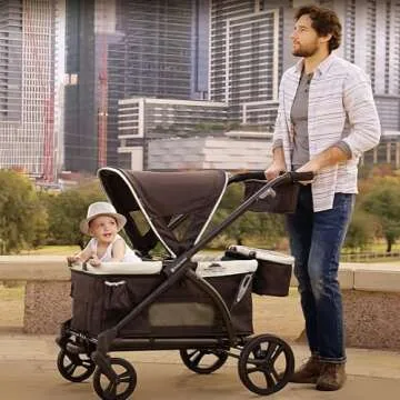 Baby Trend Expedition 2-in-1 Collapsible Stroller Wagon Plus with Canopy, Storage Basket, 2 Storage Trays, and 6 Bottle Holders, Modern Khaki