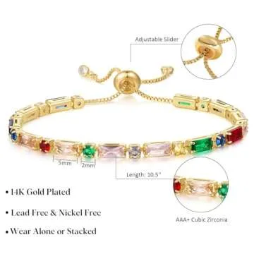 KissYan Tennis Bracelet for Women, 14K Gold Plated Cubic Zirconia Diamond Adjustable Slider Bracelets Trendy Jewelry Gift(Colorful)