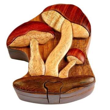 Mushroom - All Natural Wood Intarsia Puzzle Box - Handcrafted with Secret Compartment