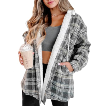 Merryfun Womens Plaid Shacket Jacket - Cozy Sherpa Lined Flannel Coat - Grey/White