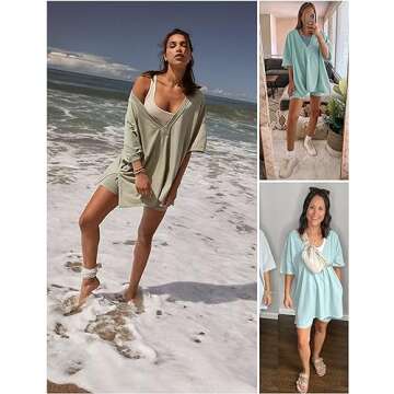 TAQCUX 2 Two Piece Outfits for Women Summer Oversized Workout V Neck T Shirts Biker Shorts Matching Sets(LightTeal-M)