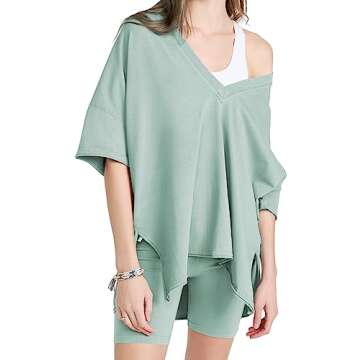 TAQCUX 2 Two Piece Outfits for Women Summer Oversized Workout V Neck T Shirts Biker Shorts Matching Sets(LightTeal-M)
