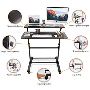 Stand Steady Tranzendesk | Height Adjustable Teacher Desk on Wheels | Mobile Standing Desk with Shelf | Two Level Portable Workstation | Stand Up Desk for Presentations (Black/40x28in)