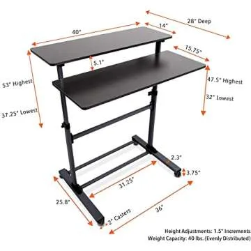 Stand Steady Tranzendesk | Height Adjustable Teacher Desk on Wheels | Mobile Standing Desk with Shelf | Two Level Portable Workstation | Stand Up Desk for Presentations (Black/40x28in)