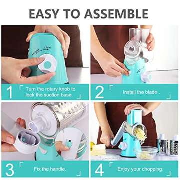 Ancevsk Rotary Cheese Grater Manual Kitchen Shredder, Speed Round Mandoline Vegetable Slicer Safe Food Grinder with 3 Interchangeable Blades for Nuts, Potato, Carrot, Garlic, Walnut (Blue)