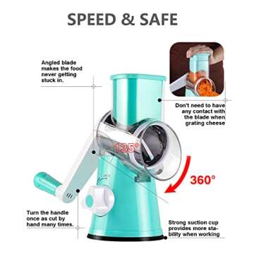 Ancevsk Rotary Cheese Grater Manual Kitchen Shredder, Speed Round Mandoline Vegetable Slicer Safe Food Grinder with 3 Interchangeable Blades for Nuts, Potato, Carrot, Garlic, Walnut (Blue)