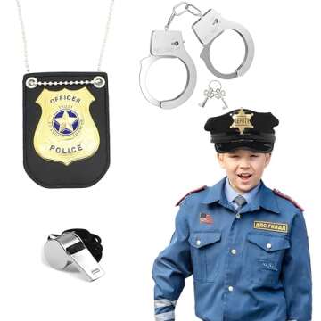 Police Badge Police Pretend Play Toy Set for Metal Handcuffs with Key American Flag Waving Lapel Pins Whistle Halloween NYPD Police Deputy Badge Dress Up Pretend Play Accessory Black