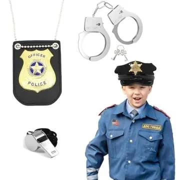 Police Badge Police Pretend Play Toy Set for Metal Handcuffs with Key American Flag Waving Lapel Pins Whistle Halloween NYPD Police Deputy Badge Dress Up Pretend Play Accessory Black
