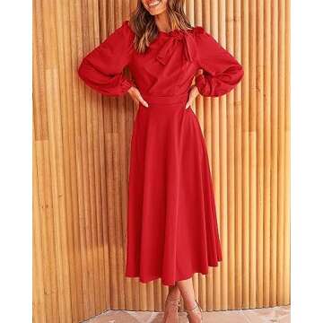 BTFBM Women's 2023 Formal Maxi Dress Puff Long Sleeve Crewneck Bow Tie A-Line Long Flowy Wedding Guest Party Dresses(Solid Red, Medium)