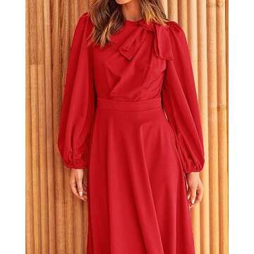 BTFBM Women's 2023 Formal Maxi Dress Puff Long Sleeve Crewneck Bow Tie A-Line Long Flowy Wedding Guest Party Dresses(Solid Red, Medium)