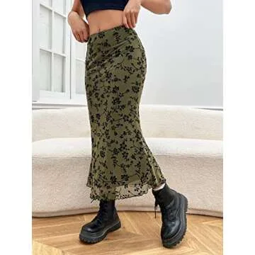Verdusa Women's Lettuce Trim High Waist Mesh Fishtail Bodycon Long Skirt Army Green Floral L