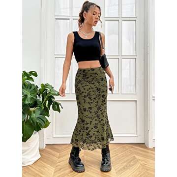 Verdusa Women's Lettuce Trim High Waist Mesh Fishtail Bodycon Long Skirt Army Green Floral L
