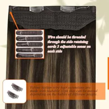 Fshine Invisible Wire Hair Extensions Real Human Hair Ombre Wire Human Hair Dark Brown to Brown Mix Ash Brown Secret Hairpiece Hair Extensions Clip ins Adjustable Fishing Line 20 Inch 80 Grams