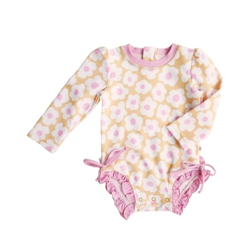 Caden Lane Long Sleeve Rash Guard with Ruffle Bottom, Girls Swimwear with UPF 50+ Sun Protection, Qu...